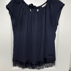 LC Lauren Conrad Dark Blue Blouse with Lace Trim